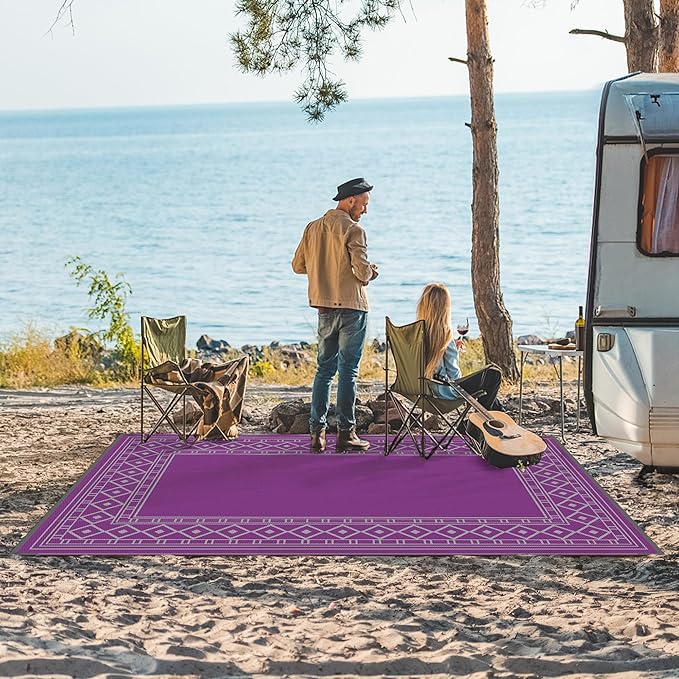GENIMO Outdoor Rug Waterproof 6'x9' for Patio, Foldable Reversible Plastic Straw Carpet for Travel Trailers, Outside Area Mat for Rv, Deck, Picnic, Porch, Camper, Balcony, Beach, Purple & Grey-Ruum Studio Home