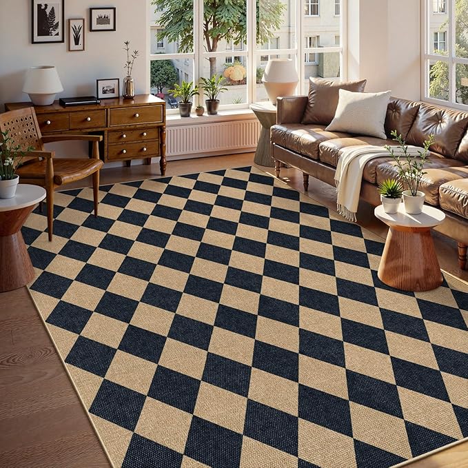 Lahome Checkered Easy Jute Area Rug 8x10, Large Living Room Patio Rug Checkerboard Indoor Outdoor Carpet, Farmhouse Geometric Non Slip Black Carpet for Backyard Dining Room-Ruum Studio Home