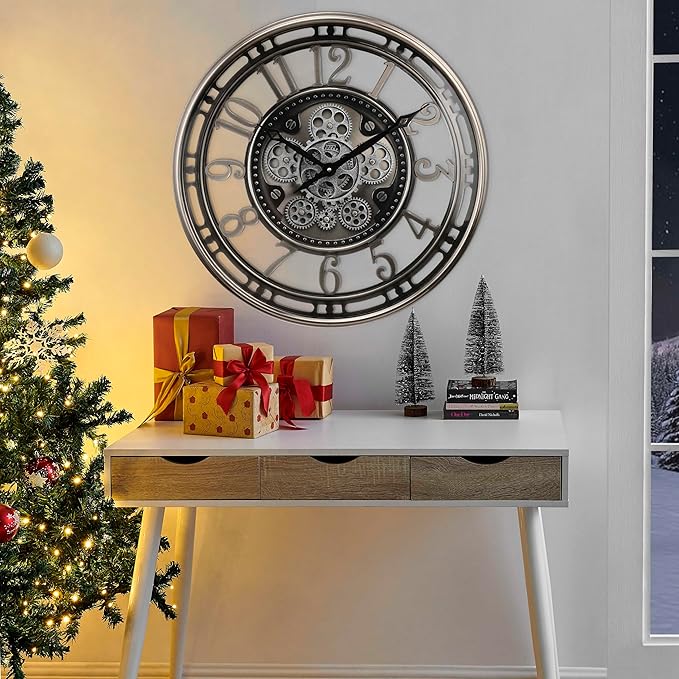 CLXEAST 21 Inch Large Moving Gear Wall Clock,Industrial Steampunk Decor,Decorative Wall Clock for Modern Farmhouse Living Room Decor,Gunmetal Silver Finish-Ruum Studio Home
