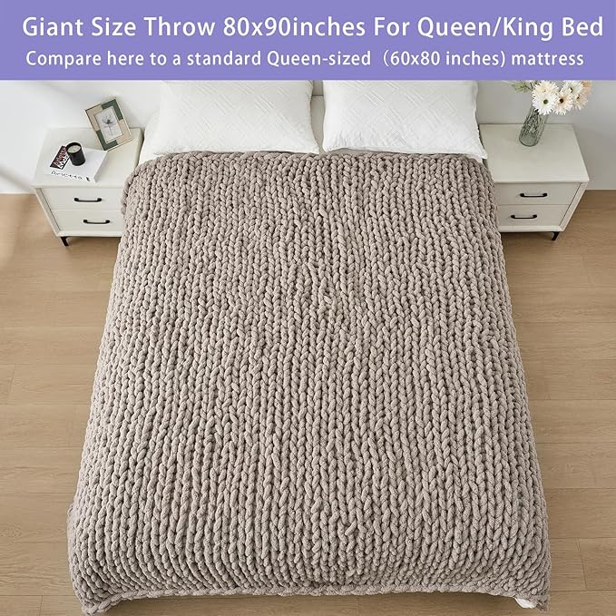 Bigacogo Chunky Knit Throw Blanket for Couch, 80x90 inches, 100% Hand Knitted with Thick Jumbo Chenille Yarn, Cozy Soft Large Rope Knot Cable Crochet Blankets for Sofa Bed Living Room, Taupe-Ruum Studio Home