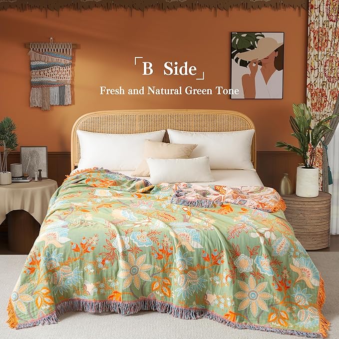 Boho Throw Blanket Queen Size, Soft Cozy Cotton Muslin Quilt Blanket for Bed Decor, Floral Patterned Couch Sofa Chair Cover, Vintage Farmhouse Cottage Tapestry Woven Blanket, Coral&Green-Ruum Studio Home