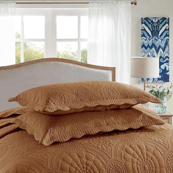 MarCielo 3-Piece 100% Cotton Oversized Bedspread Lightweight Quilt Coverlet Embroidery Farmhouse Bedding Set (Tf Dusty Orange, Oversized Queen (100"x106"))-Ruum Studio Home
