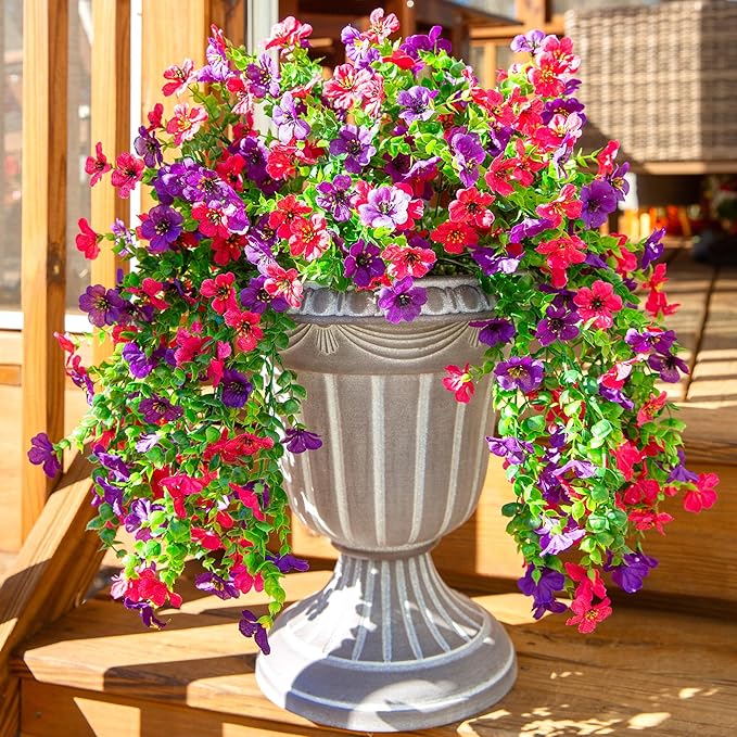 Artificial Faux Hanging Flowers Plants for Spring Outdoor Outside Decoration, 2 PCS Fake Silk Daisy with Eucalyptus UV Resistant Realistic Trailing Vines for Balcony Patio Porch (Darkpurple+Hotpink)-Ruum Studio Home