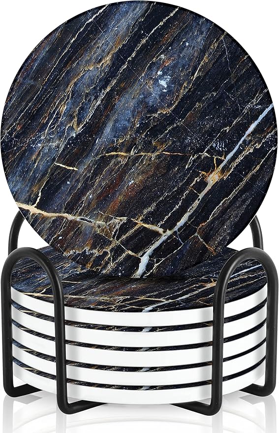 Emerson Coasters for Drinks Absorbent – Natural Stone Drink Coasters Set with Holder, Coasters for Coffee Table, Wooden Tabletop Protection Marble Style – 100% Heavy Duty Set of 6 (Thunder)-Ruum Studio Home