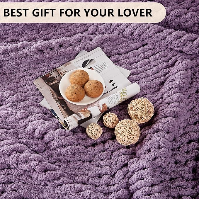 L'AGRATY Chunky Knit Blanket Throw: 50''x60'' Chenille Chunky Knitted Throw Blanket for Bed Couch - Handmade Thick Big Cable Knit Blanket - Large Crochet Rope Blanket for Home Decor(Deep Purple)-Ruum Studio Home