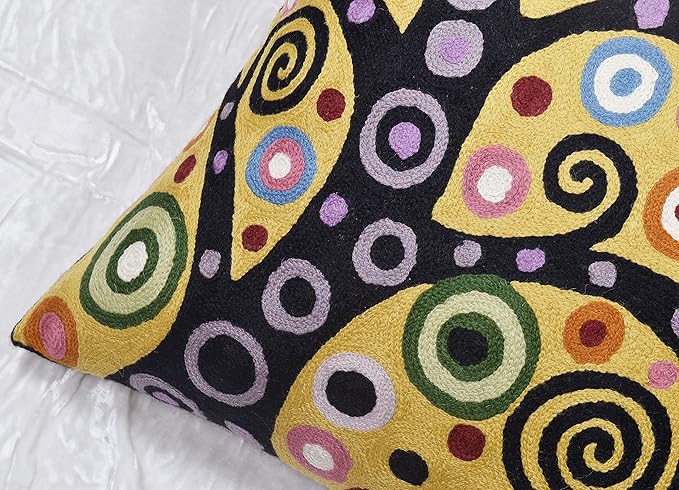 Klimt Yellow Tree of Life Pillow Cover Gold Floral Pillowcase Flower Botanical Gold Accent Suzani Sofa Cushions Kids Room Cushions Hand Embroidered Wool Size - 18x18-Ruum Studio Home