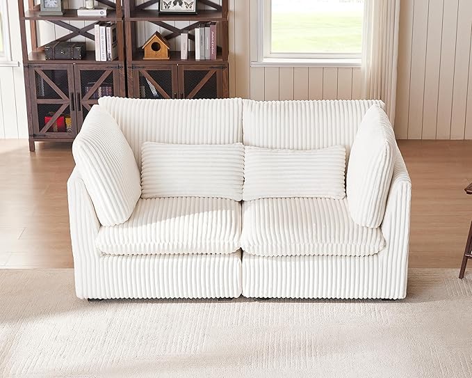 Oversized Modular Sofa, Extra Deep Cloud Corduroy Sectional Couch with Ottoman Chaise, Fluffy Corduroy 2 Seater Sofa Bed for Living Room, Villa (Loveseat Sofa, Corduroy White)-Ruum Studio Home