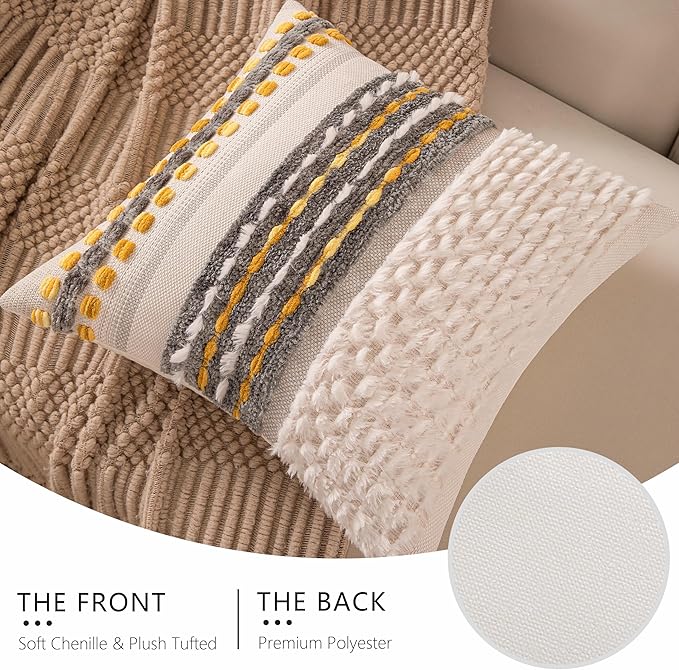 Boho Chenille Tufted Couch Throw Pillow Covers 18x18 Inch Set of 2 Farmhouse Striped Decorative Pillow Covers Accent Neutral Pillowcase Grey Yellow Cushion Cover for Living Room Sofa Bed-Ruum Studio Home