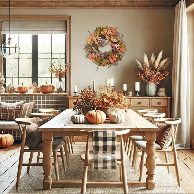24" Fall Wreath for Front Door Handmade with Artificial Autumn Leaves, Natural Pinecones, Faux Berries and Wheat, Autumn Harvest Wreath Decoration for Home Farmhouse Door Wall Window Porch-Ruum Studio Home