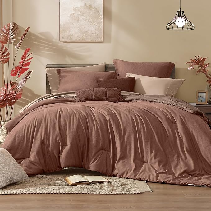 Monbix Full Size Comforter Set, Terracotta Bedding Comforter for Full Size Bed Set Reversible, Bedding Sets Full 7 Pieces, Cationic Dyeing Bed in a Bag with Comforter, Sheets, Pillowcases & Shams-Ruum Studio Home