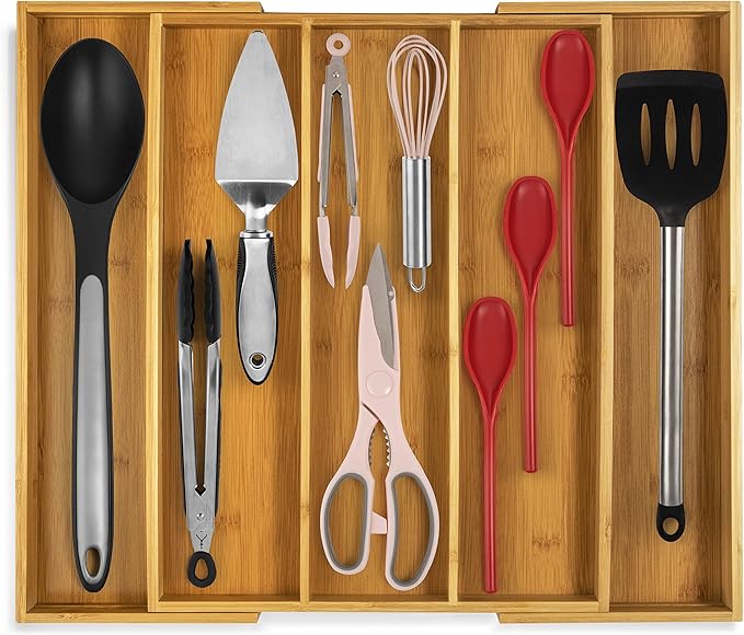 Purawood Kitchen Drawer Organizer, 2 Pack - Expandable Utensil Drawer Organizer for Kitchen, Cutlery Tray & Silverware Organizer, 3-5 Slots - Bamboo Organizer for Utensils & Flatware (Natural)-Ruum Studio Home