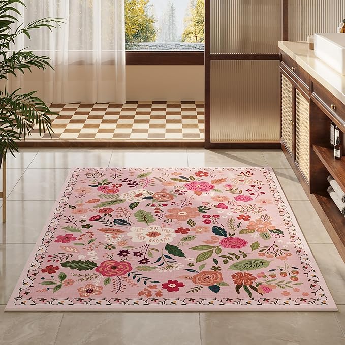 Area Rug 4x6 Rug Washable Boho Rugs Non Slip Low Pile Floral Small Carpet for Bedroom, Bedside, Kids Room, Office, Dining Room(Pink)-Ruum Studio Home