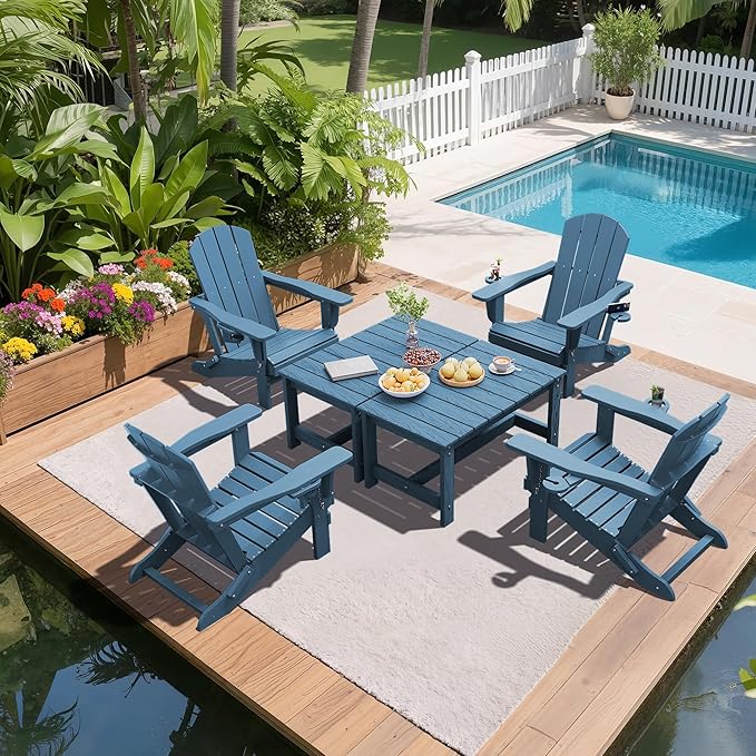 SERWALL Rectangle Outdoor Coffee Table, HDPE Patio Coffee Table, Navy-Ruum Studio Home