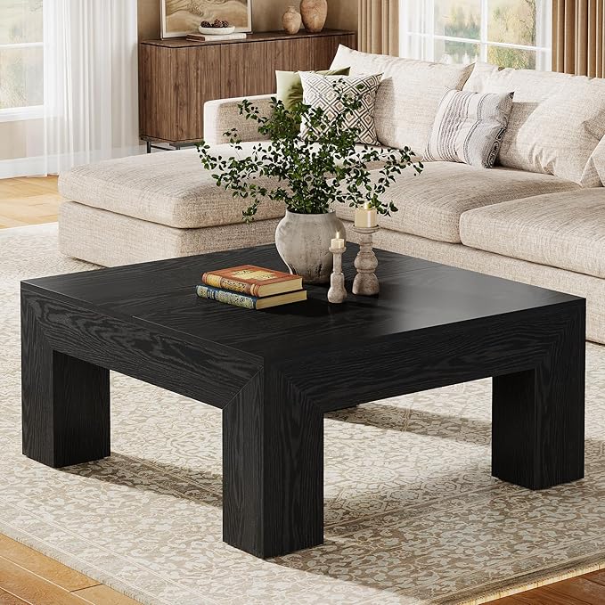 Tribesigns 39.4-Inch Square Coffee Table for Living Room, Farmhouse All MDF Accent Center Cocktail Table with Sturdy Wooden Legs, Easy Assembly, Black-Ruum Studio Home