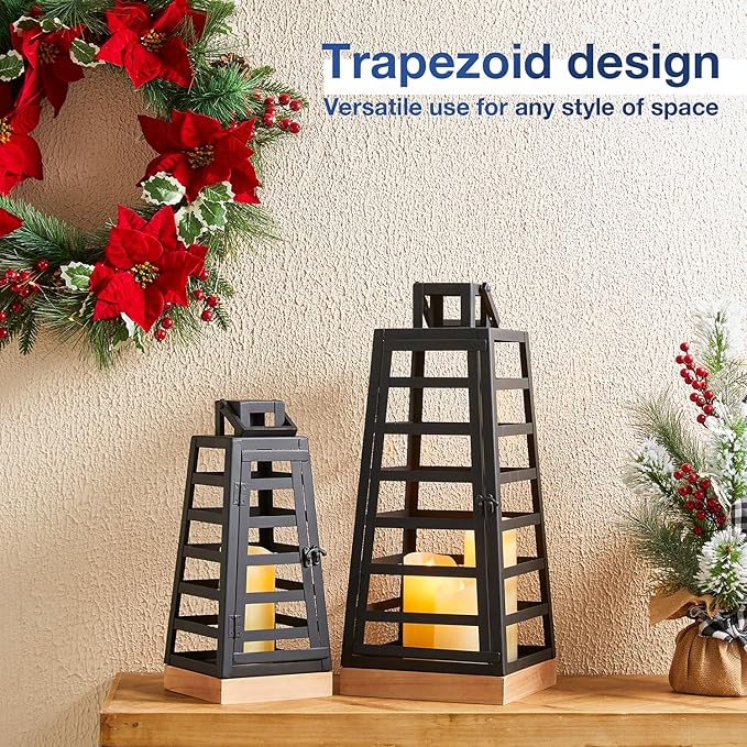 Glitzhome Set of 2 Modern Trapezoid Metal/Wood Decorative Lanterns,Large Candle Lanterns for Living Room,Home,Indoor, Outdoor,Table,Fireplace Mantle Decor -Black(No Glass)-Ruum Studio Home