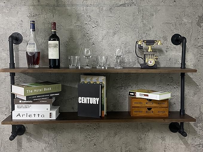 Industrial Pipe Wall Shelves Pipe Shelving with Real Wood Plank ,36 Inches Floating Shelves for Wall Farmhouse Pipe Book Shelves Dark Brown 2 Tier for Kitchen,Living Room Decor and Bar Shelving-Ruum Studio Home