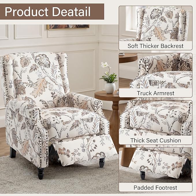 UIXE Pushback Recliner Chair, Fabric Upholstered Armchair Push Back Accent Chair for Living Room, Rivet Trim Home Theater Single Sofa Bedroom Reading Seat with Footrest - Beige Plants-Ruum Studio Home