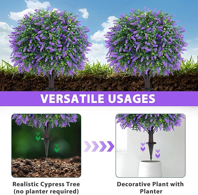 Artificial Boxwood Topiary Ball with Lavender, Set of 2 Artificial Shrub Bushes with Ground Spike, Fake Evergreen Tree for Porch, Artificial Plants for Outdoor Planters Indoor UV Resistant-Ruum Studio Home