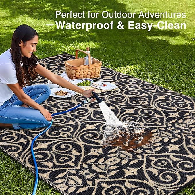 OLANLY Outdoor Rug Waterproof 9x12 ft Clearance, Reversible Outdoor Plastic Straw Rug with Floral Pattern, RV Mat for Patio, Camping, Balcony, Deck, Backyard, Black & Beige-Ruum Studio Home