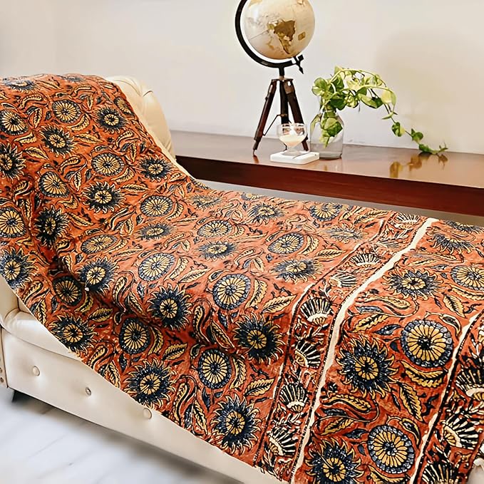 Handmade Cotton Throw Blanket | Floral Block Print in Orange & Navy | 48x70 Inches Fringed Bed Runner | Lightweight Boho Sofa Throw for Couch, Living Room & Bedroom Decor-Ruum Studio Home