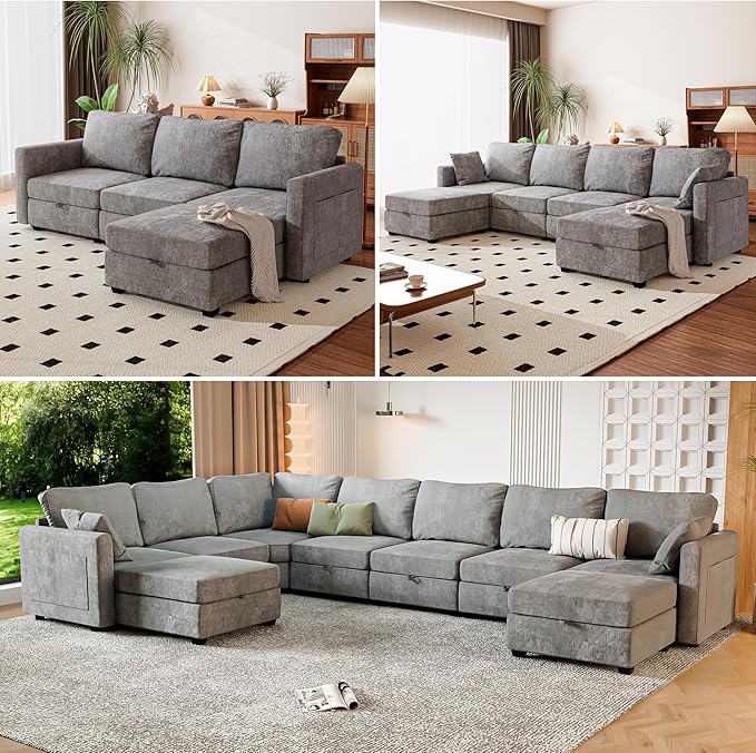 mestyl Modular Sectional Sofa Convertible L Shaped Sofa Couch Set with Storage for Living Room, Modern 3 Seater Modular Sectional Couch with Movable Ottoman (Grey)-Ruum Studio Home