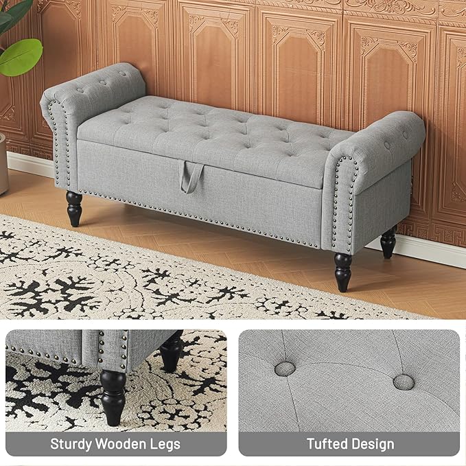 Furniliving 51” Bedroom Bench, End of Bed Bench with Button-Tufted Large Upholstered Storage Bench Ottoman Linen Window Benches with Storage Shoe Cabinet, for Bedroom, Entryway, Closet, Grey-Ruum Studio Home