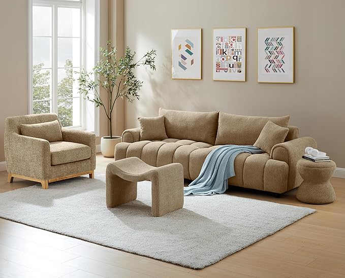 Extra Deep Accent Chair, Fabric Upholstered Comfy Reading Armchair for Living Room, Bedroom Single Seat Sofa Chair with Wood Base, Lamb Fabric-Ruum Studio Home