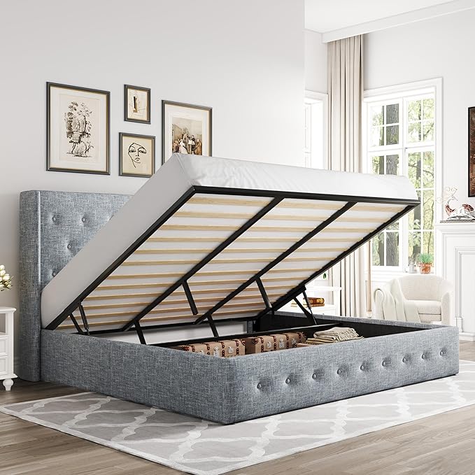 Allewie King Size Lift Up Storage Bed, Button Tufted Headboard with Wingback, Hydraulic Support, No Box Spring Needed, Grey Blue-Ruum Studio Home