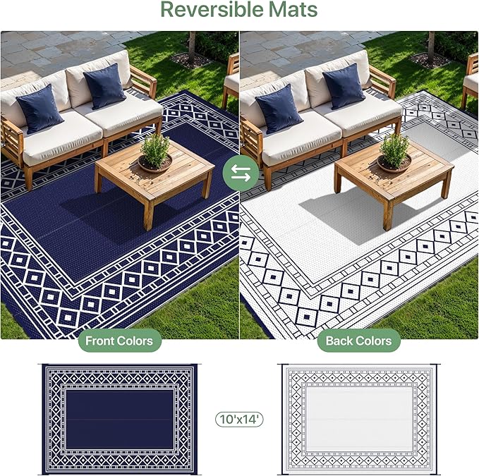GENIMO Outdoor Rug Waterproof Area 10'x14' for Patio, Foldable Reversible Plastic Straw Carpet for Travel Trailers, Outside Mat for Rv, Deck, Picnic, Porch, Camper, Balcony, Beach, Blue & White-Ruum Studio Home