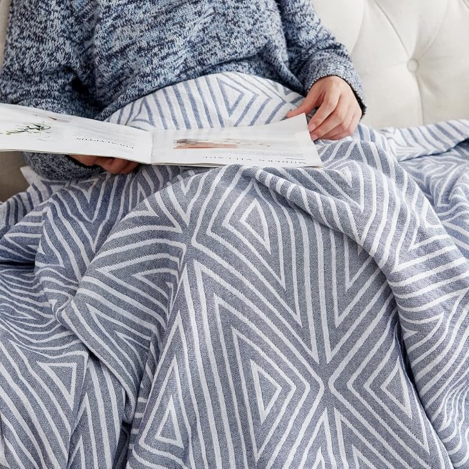 jinchan Boho 100% Cotton Blanket Muslin 50x60 Inches Lightweight 3-Layer Geometric Triangle Striped Pattern Reversible Quilt Throw Soft Breathable Comfy All Seasons for Couch Bed Decor, Blue-Ruum Studio Home