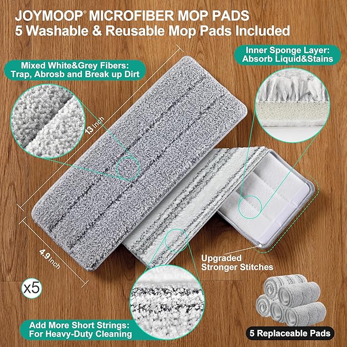 JOYMOOP Mop and Bucket with Wringer Set, White Flat Squeeze Mop Bucket Set for Floor Cleaning, Wet Dry Mops for Walls, Wall Cleaner with Long Handle, Hardwood Floor Mop-5 Microfiber Cloths-Ruum Studio Home