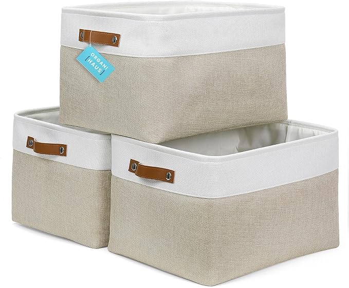 OrganiHaus Extra Large Fabric Storage Bins for Shelves 16x13in, Closet Storage Baskets for Shelf Organizing, Canvas Rectangle Bins for Organization, Linnen Baskets for Organizing - Beige/Off-White-Ruum Studio Home