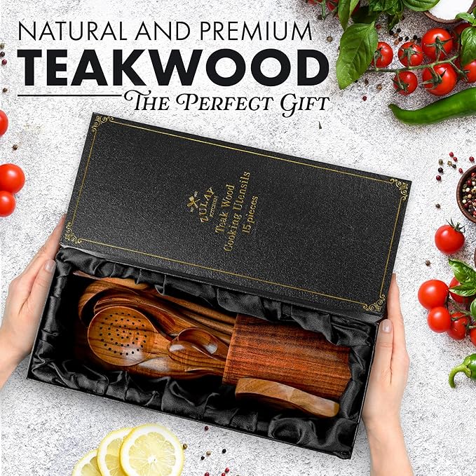Zulay Kitchen 15-Piece Teak Wooden Utensils for Cooking - Natural Teak Utensil Set with Premium Gift Box - Non-Stick Wooden Spoons for Cooking - Kitchen Gift Set - Comfortable Grip Wooden Utensil Set-Ruum Studio Home
