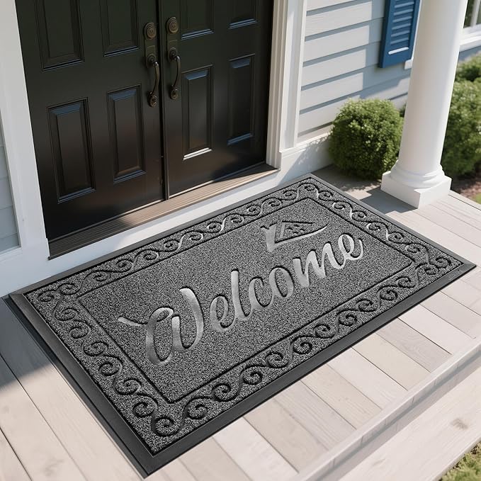 Yimobra Welcome Mat, Heavy Duty Sturdy Door Mats for Home Entrance Outdoor Indoor, Front Doormat for Outside Patio Floor Entry Porch Garage Office, Waterproof, Low Profile, 60 x 36, Black Grey-Ruum Studio Home