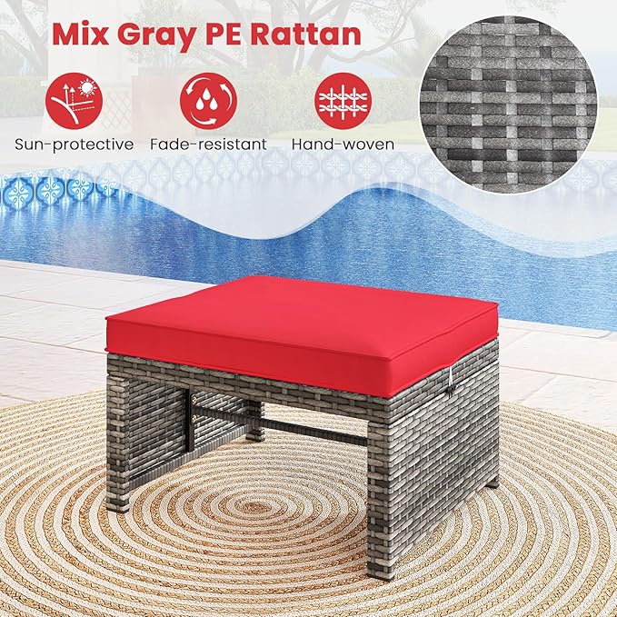 Tangkula 2 Pieces Patio PE Rattan Ottomans, Multipurpose Outdoor Footstool Footrest Additional Seating Side Table with Soft Zippered Cushions for Deck, Garden, and Yard (Red)-Ruum Studio Home