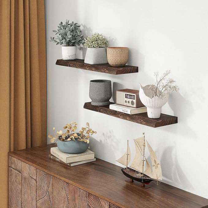 30" Floating Shelves, Live Edge Solid Elm Wood Floating Shelf, Wall Mounted Display Shelves with Heavy-Duty Bracket for Books, Rustic Wooden Shelf for Kitchen, Bathroom, Walnut Color, Set of 2-Ruum Studio Home