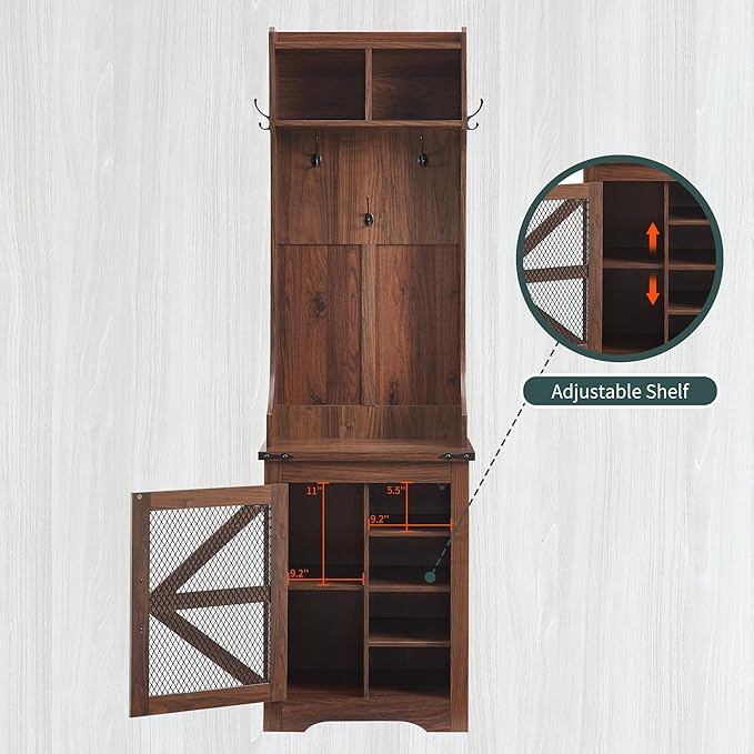 JXQTLINGMU 23" Farmhouse Hall Tree with Shoe Storage, Entryway Bench with 6 Cubbies, 5 Hooks & Barn Doors, Mudroom Coat Rack Cabinet, Brown-Ruum Studio Home