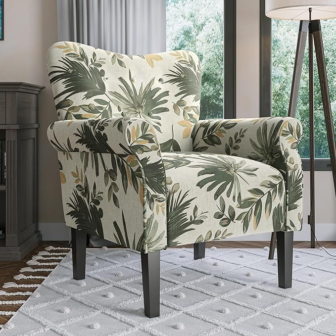 BELLEZE Modern Accent Chair for Living Room, High Back Floral Armchair with Wooden Legs, Upholstered Wingback Side Chair Padded Armrest Single Sofa for Living Room, Bedroom - Allston (Green Floral)-Ruum Studio Home