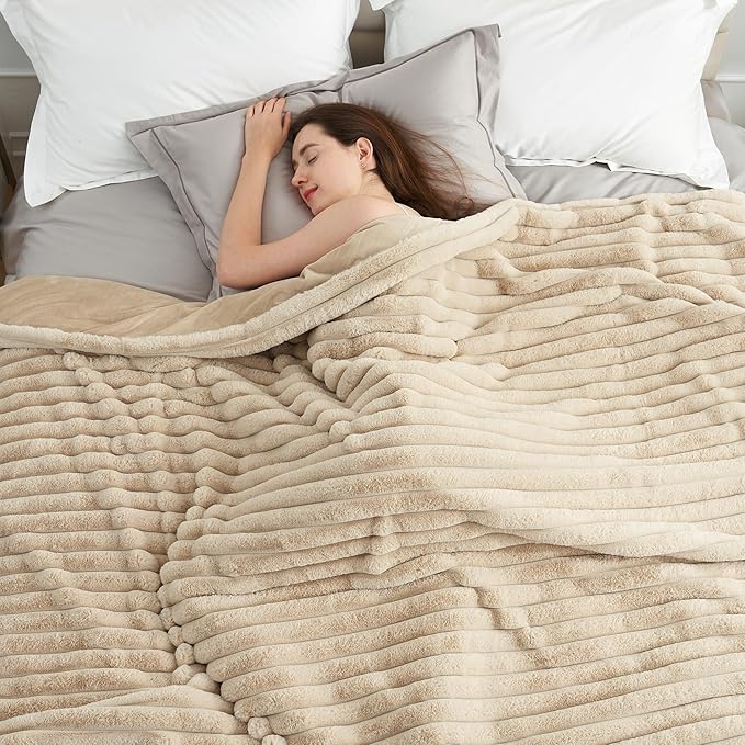Amélie Home Faux Fur Throw Blanket for Couch, Cozy Fuzzy Fluffy Fur Luxurious Soft Striped Plush Gift Blankets for Family Sofa Chair Bed Living Room Bedroom, 60"x80", Beige-Ruum Studio Home