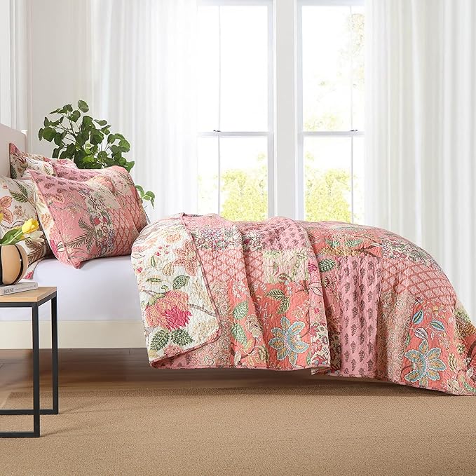 NEWLAKE Cotton Patchwork Bedspread, 3-Piece Bedding Quilt Set with Real Stitched Embroidery, Reversible Matelasse Bed Coverlet Set,Bohemian Floral, Queen Size-Ruum Studio Home