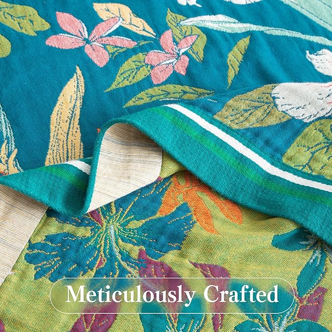 Boho Throw Blanket Full Size, Extra Large Soft Cozy Cotton Muslin Quilt Blanket for Bed Decor, Floral Patterned Couch Sofa Chair Cover, Vintage Farmhouse Cottage Woven Blanket, Teal&Green-Ruum Studio Home