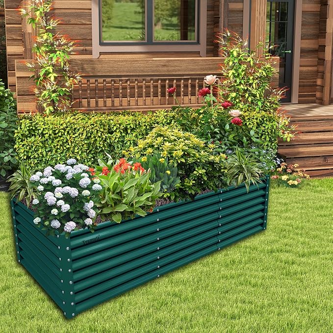 1 Pack 8x3x2FT Galvanized Raised Garden Bed Kit Retangular Metal Ground Planter Box Outdoor Bottomless Planter Raised Beds for Vegetables Flowers Herbs Fruits, Green-Ruum Studio Home