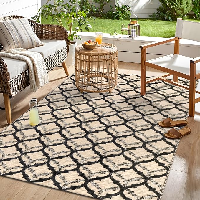 OLANLY Reversible Outdoor Rug 5x8 ft Clearance, Waterproof Outdoor Plastic Straw Rug with Interlacing Pattern, RV Mat for Patio, Camping, Balcony, Deck, Backyard, Black & Beige-Ruum Studio Home