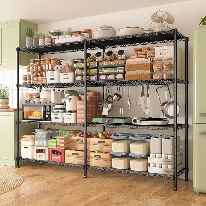 REIBII 61.7''W Storage Shelves Load 1220LBS Wire Shelving Unit 4 Tier Metal Shelving for Storage Rack Shelves Heavy Duty Garage Shelf Pantry Shelves Kitchen Shelving, 61.7" W*62.9" H*15.8" D, Black-Ruum Studio Home
