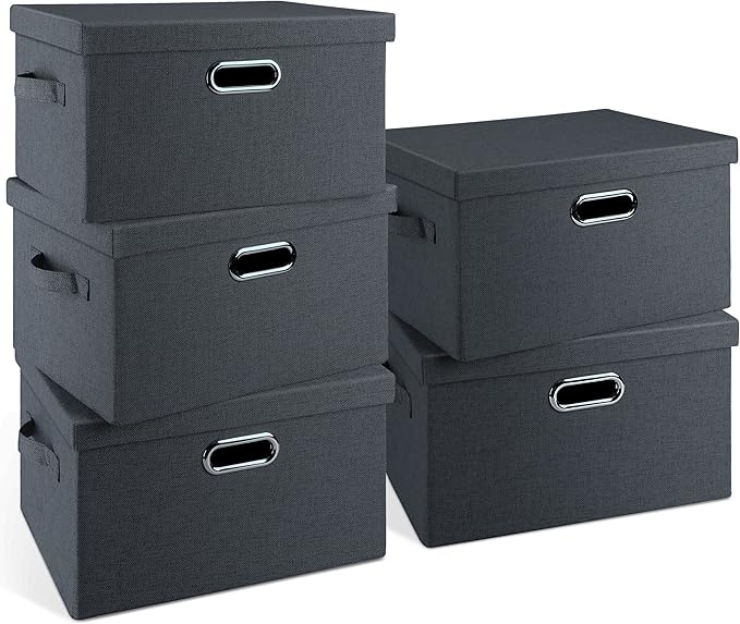 Medium 15" 21 Quart Collapsible Stackable Storage Bins with Lids, 5 Packs Dark Gray Foldable Fabric Closet Storage Boxes with Lids, Lidded Heavy-duty Linen Baskets(15x11x8)-Ruum Studio Home