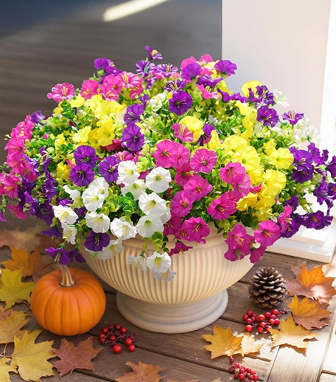 Artificial Flowers for Outdoors Fake Plants Outside Decoration, 12 Bundles Silk Colorful Morning Glory with Eucalyptus UV Resistant Realistic Faux Flowers for Planter Front Door Garden Yard-Ruum Studio Home