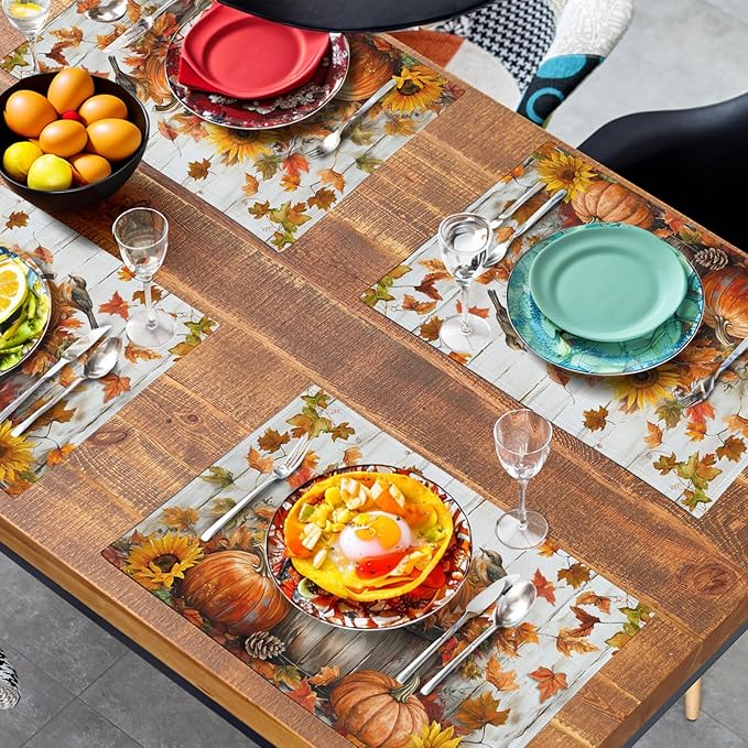 Fall Placemats 12x18 Inch Set of 4 Pumpkin Maple Leaves Sunflower Bird Linen Place Mat Burnt Orange Autumn Thanksgiving Harvest Table Mats for Party Kitchen Dining Decoration-Ruum Studio Home