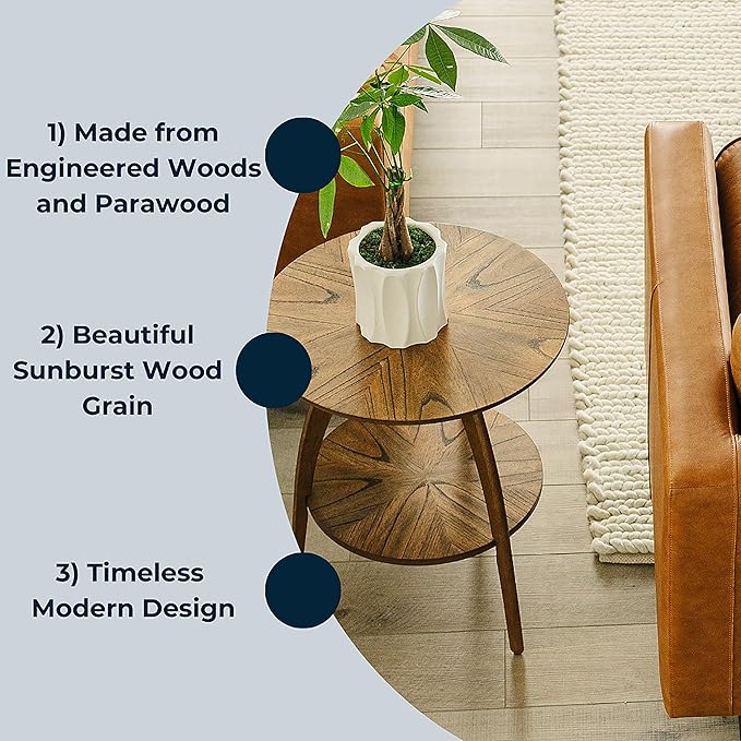 Martin Svensson Home Round Wood Nutmeg Brown Living Room End Side Accent Table Nightstand with Storage Shelf-Ruum Studio Home