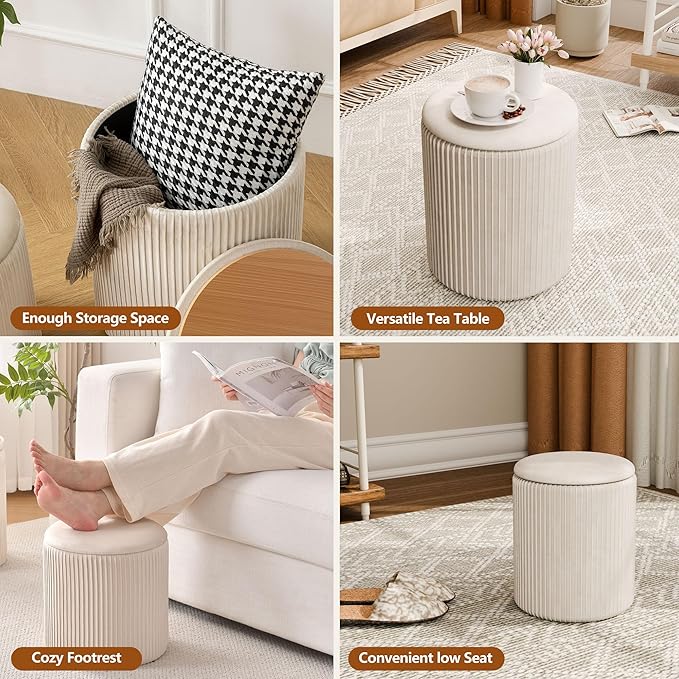Ottoman with Storage Set of 2, Velvet Storage Ottoman, Upholstered Sponge Vanity Stool Support 300lbs, Multifunctional Coffee Table Foot Rest Ottomans for Living Room Bedroom, Beige-Ruum Studio Home