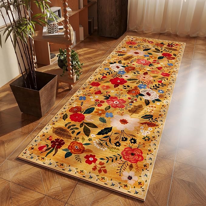 Runner Rug for Kitchen Rug Non Slip 2'x 6' Washable Rugs with Rubber Backing Soft Floral Carpet Runner for Hallways, Kitchen, Laundry, Bedroom, Bathroom(Yellow)-Ruum Studio Home